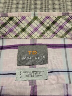 Thomas Dean Lavender and Green Plaid Casual Button-Down Shirt